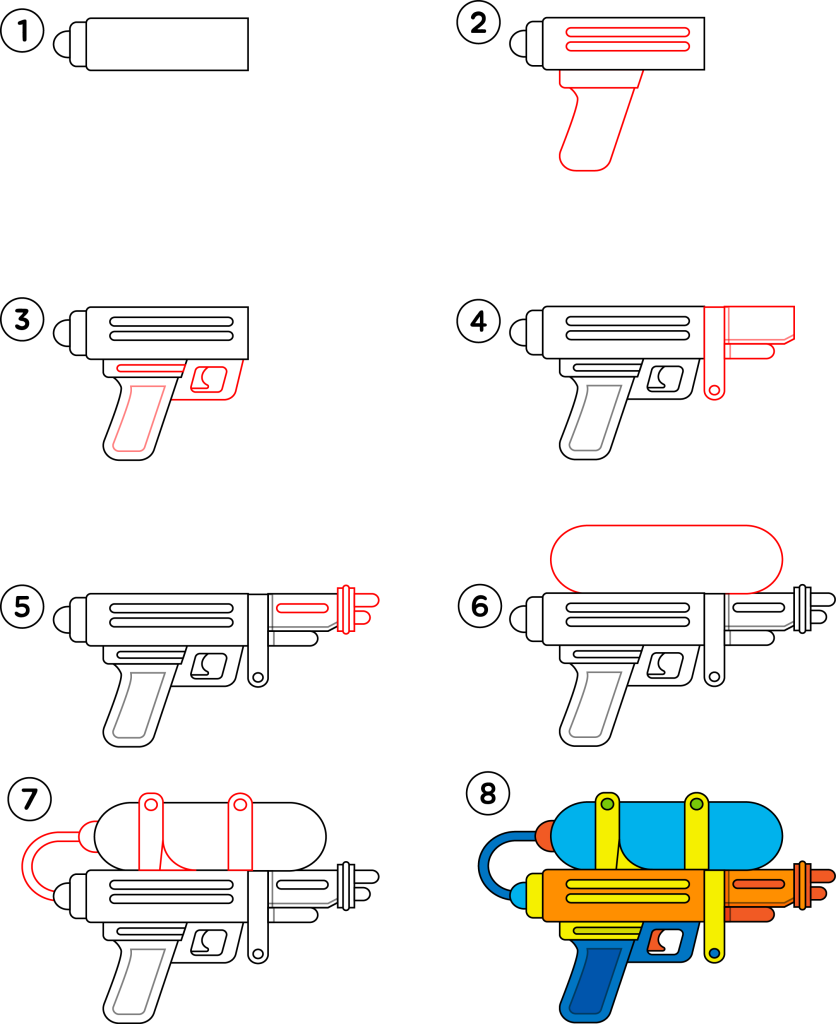 Hoe stap voor stap een waterpistool tekenen